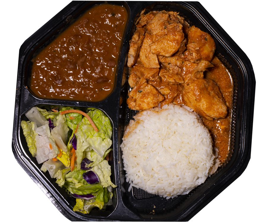Chicken guisado plate with rice, beans and salad