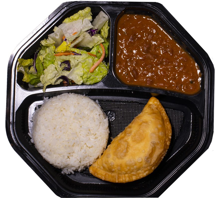 One empanada plate with rice, beans and salad